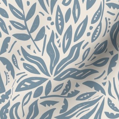 SMALL TRADITIONAL BOTANICAL COUNTRY FARMHOUSE WOODBLOCK FLORAL LEAVES-DENIM BLUES