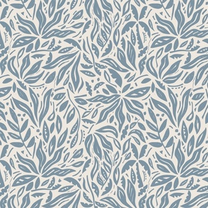SMALL TRADITIONAL BOTANICAL COUNTRY FARMHOUSE WOODBLOCK FLORAL LEAVES-DENIM BLUES