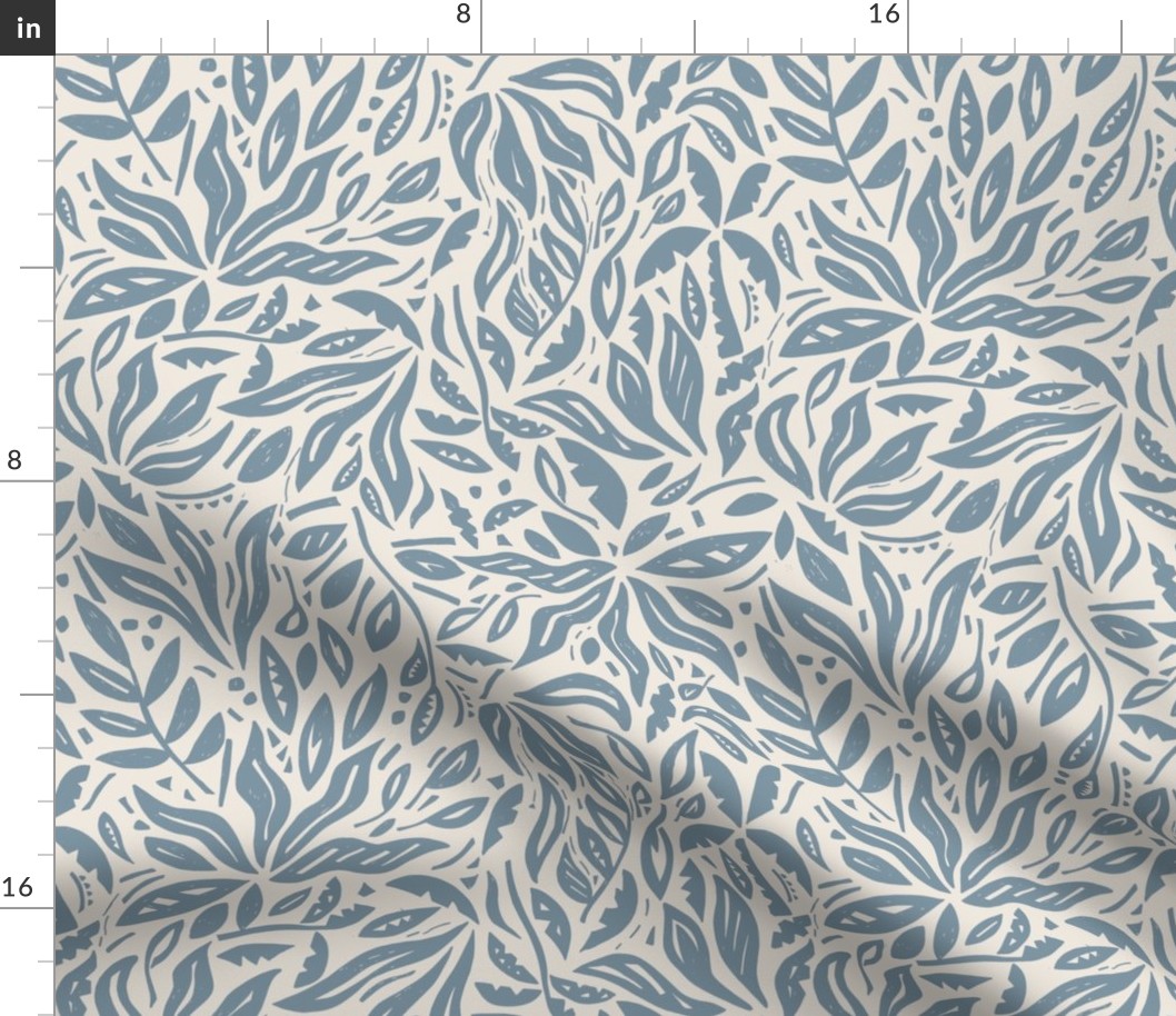 SMALL TRADITIONAL BOTANICAL COUNTRY FARMHOUSE WOODBLOCK FLORAL LEAVES-DENIM BLUES
