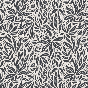 SMALL BOTANICAL TRADITIONAL BLOCK PRINT FLORAL LEAVES TEXTURED-BLACK+WHITE
