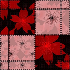 Square patchwork pattern of red pink floral design