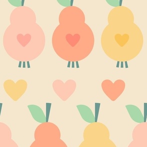 Kitschy-pink-orange-yellow-retro-pears-with-hearts-green-foliage-on-beige-XL-jumbo