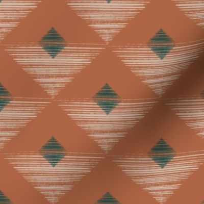 (S) hand drawn Abstract sunset diamond in Earth tone orange and dark teal green