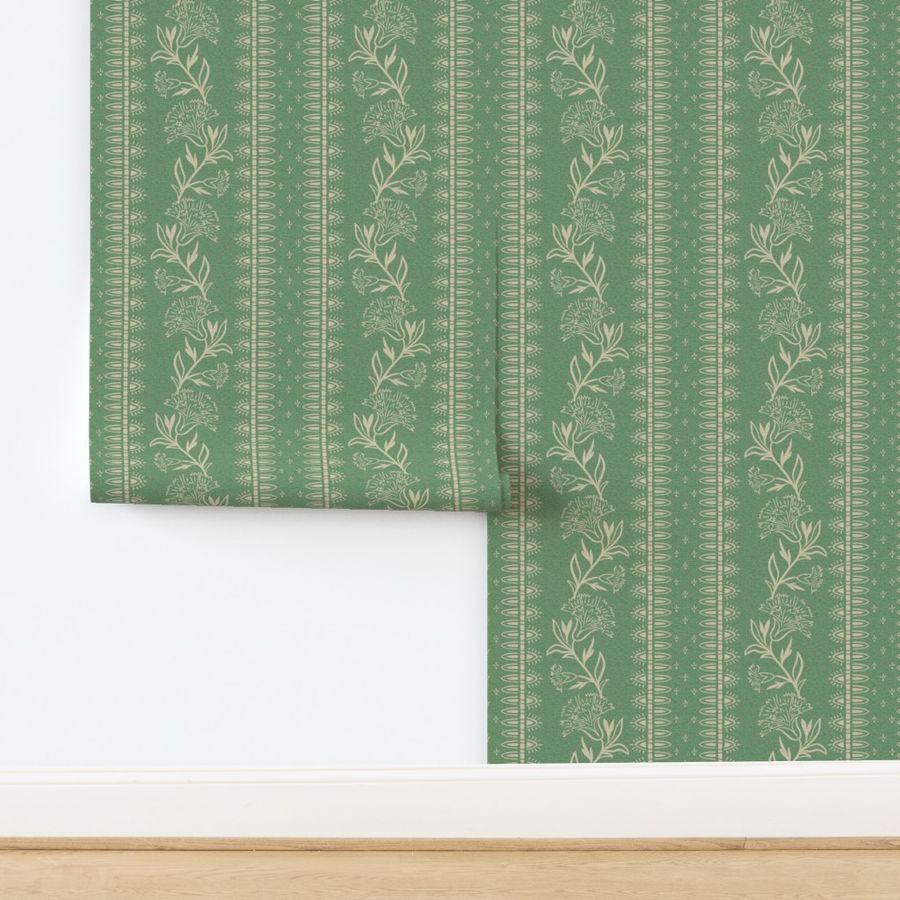 (M) trailing carnations-indian floral-border print-warm green-medium scale