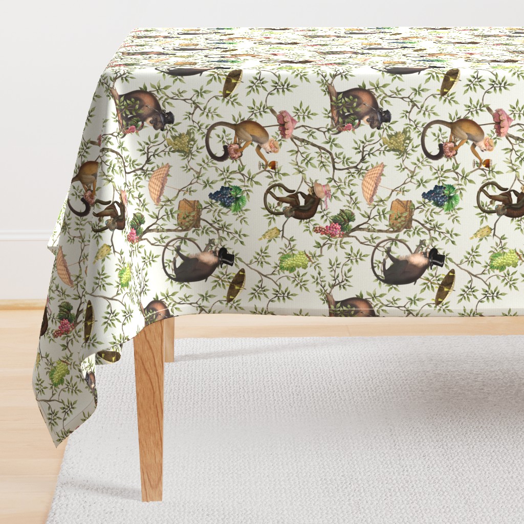 nostalgic  Monkeys Garden Party - Antique dark moody floral Chinoiserie with drunk monkeys  Silvery Moon - Marie Antoinette Chinoiserie inspired - 