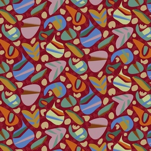 Fun-quatix in red with fun abstracted aquatic creatures in a modern Scandinavian 50s retro style   (S)