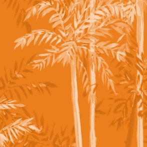 Large Half Drop Painterly Monochrome Palm Trees in Orange Hues with Yellow Orange  Background
