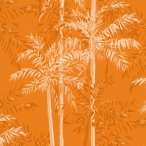 Medium Half Drop Painterly Monochrome Palm Trees in Orange Hues with Yellow Orange  Background