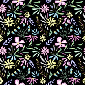 Cute retro floral pattern. Pink, yellow, blue flowers on a black background. 