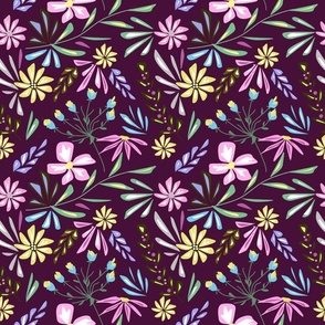 Cute retro floral pattern. Pink, yellow, blue flowers on a burgundy background.