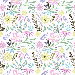 Cute retro floral pattern. Pink, yellow, blue flowers on a white background.