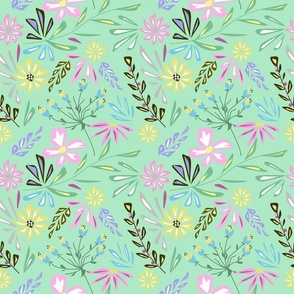 Cute retro floral pattern. Pink, yellow, blue flowers on a light green background.