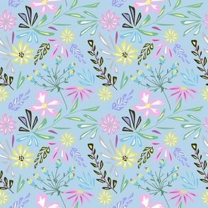 Cute retro floral pattern. Pink, yellow, blue flowers on a light blue background.