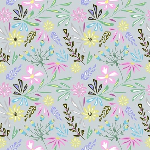 Cute retro floral pattern. Pink, yellow, blue flowers on a grey background.