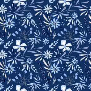 Cute retro floral monochrome pattern. White flowers on a blue background.