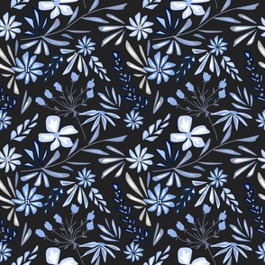 Cute retro floral pattern. White, blue flowers on a dark grey background.