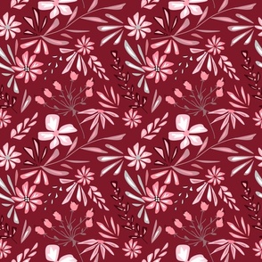 Cute retro floral monochrome pattern. White, pink flowers on a red background. 