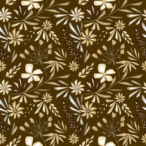 Cute retro floral monochrome pattern. Beige, white flowers on a brown background.