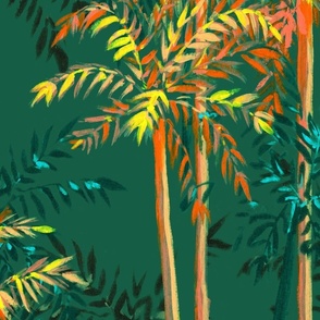 Large Half Drop Painterly Orangey Sunkissed Tropical Palm Tree with Sea Green Background