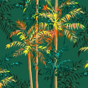Medium Half Drop Painterly Orangey Sunkissed Tropical Palm Tree with Sea Green Background