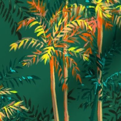 Small Half Drop Painterly Orangey Sunkissed Tropical Palm Tree with Sea Green Background