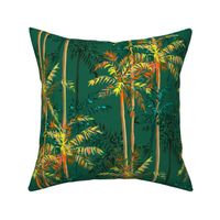 Small Half Drop Painterly Orangey Sunkissed Tropical Palm Tree with Sea Green Background