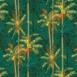 Small Half Drop Painterly Orangey Sunkissed Tropical Palm Tree with Sea Green Background