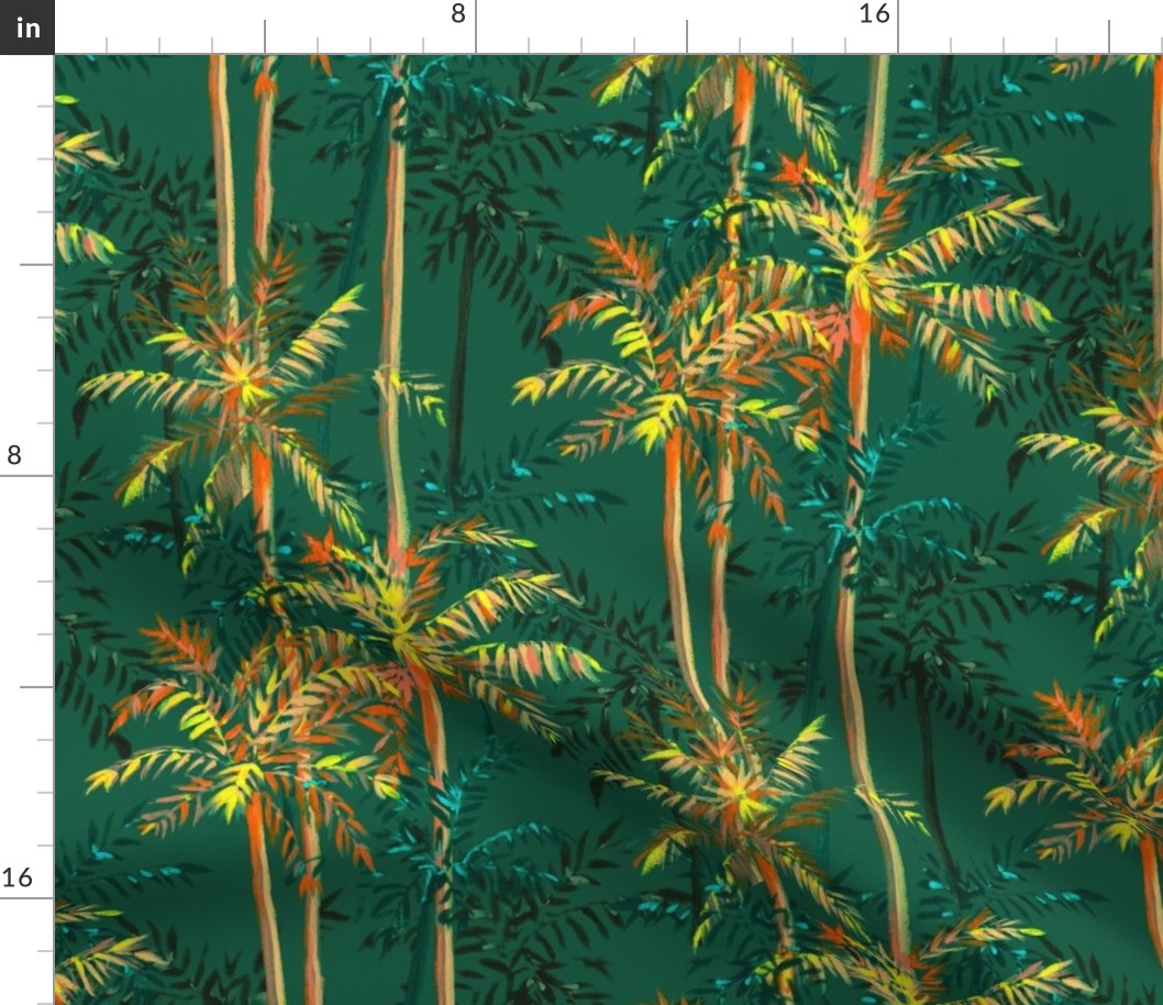 Small Half Drop Painterly Orangey Sunkissed Tropical Palm Tree with Sea Green Background