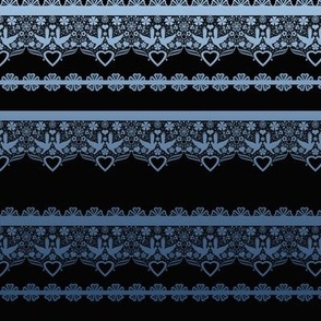 openwork lace blue with doves and hearts on black