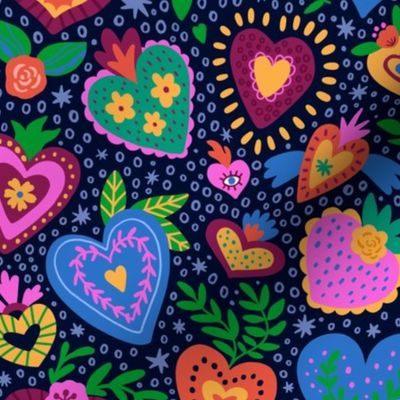 Mexican sacred hearts with botanical leaves, polka dots, flowers