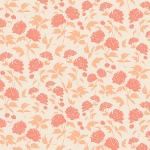 Peach pink Peony with Peach Fuzz stems on neutral ivory background