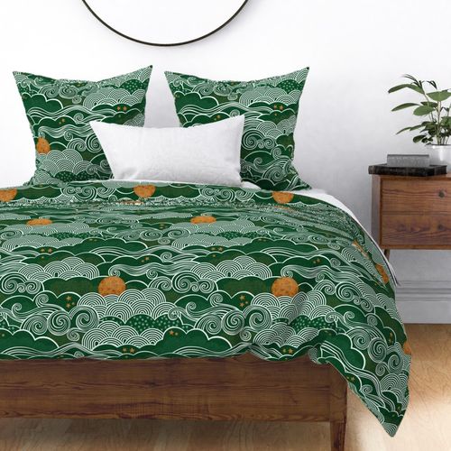 Cozy Night Sky- 37 Emerald Green- Full Moon and Stars Over the Clouds- Calming Sky- Deep Green- Dreamy Sky- Bedroom Wallpaper- Monochromatic Duvet- Gender Neutral Nursery- Large