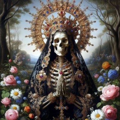 3 gothic praying skeleton virgin mary inspired Santa Muerte Mexican folk Catholicism Neopaganism death Day of the Dead Dia de Muertos lady of death Saint queen crown halo jewelry necklaces bracelets ornate floral leaves flowers leaves roses daisies, daisy