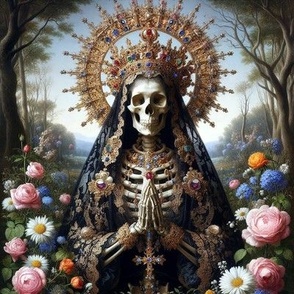 3 gothic praying skeleton virgin mary inspired Santa Muerte Mexican folk Catholicism Neopaganism death Day of the Dead Dia de Muertos lady of death Saint queen crown halo jewelry necklaces bracelets ornate floral leaves flowers leaves roses daisies, daisy