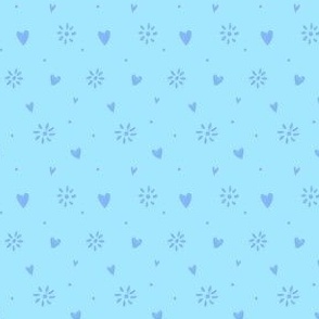 Ditsy Hearts and Floral Hand drawn blue on light blue