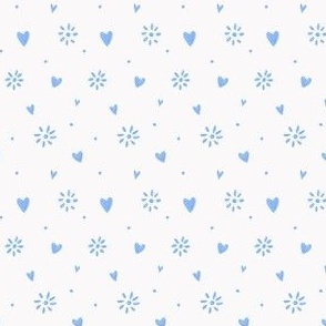 Ditsy Hearts and Floral Hand drawn Blue on White
