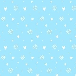 Ditsy Hearts and Floral Hand drawn White on Soft Light Blue
