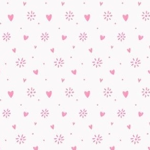 Ditsy Hearts and Floral Hand drawn Pink on White Background