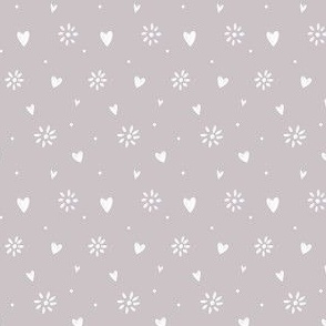 Ditsy Hearts and Floral Hand drawn White on Grey Gray