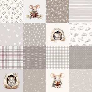 Neutral Cheater Quilt with sweet mice reading book neutral nursery earth tone cute mice gray nursery decor taupe patchwork fabric 