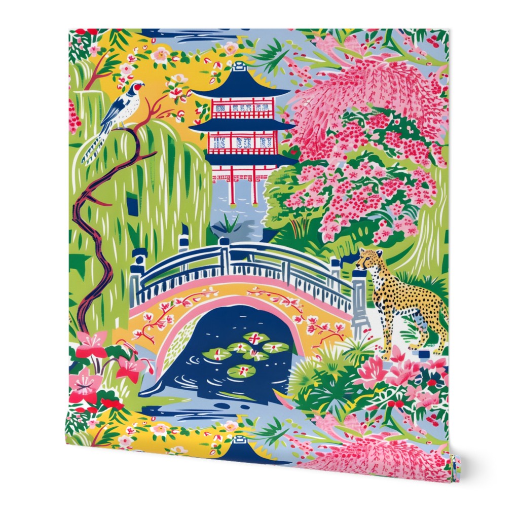 Chinoiserie Monet garden with cheetah and blue pagoda