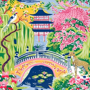 Chinoiserie Monet garden with cheetah and blue pagoda
