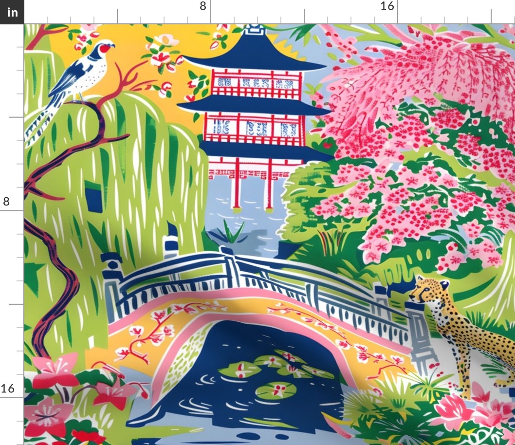 Chinoiserie Monet garden with cheetah and blue pagoda