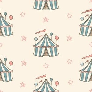 Circus tents with blue stripes on cream background.