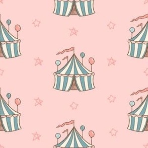 Circus tents with blue stripes on pink background 