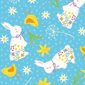 (M) easter chicks , daffodils and rabbits - bright blue