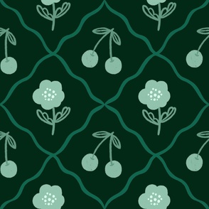 Cherries and Poppies Sage Green on Dark Green Large
