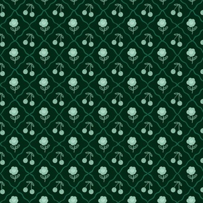 Cherries and Poppies Sage Green on Dark Green Small