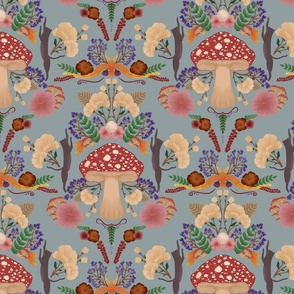 Scalloped Botanical Mushroom Woodland with Florals & - Cats - Dusty Blue