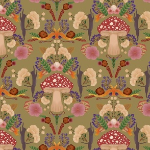 Scalloped Botanical Mushroom Woodland with Florals & - Cats - Olive Green